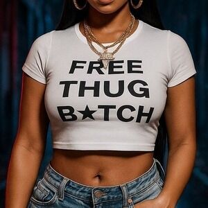 New Small Free Thug B*tch White Crop Tee Young Thugger YSL Atlanta Spider Slime
